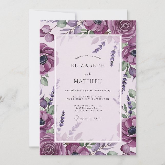 Convites Casamento Botânico Luxuoso Roxo (Frente)