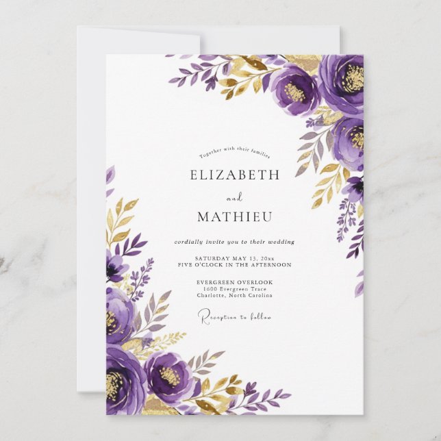 Convites Casamento Botânico Luxuoso Roxo (Frente)