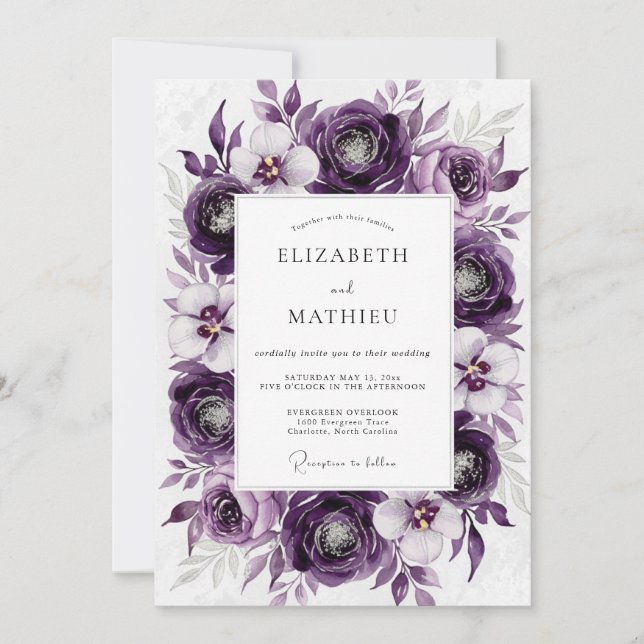 Convites Casamento Botânico Luxuoso Roxo (Frente)