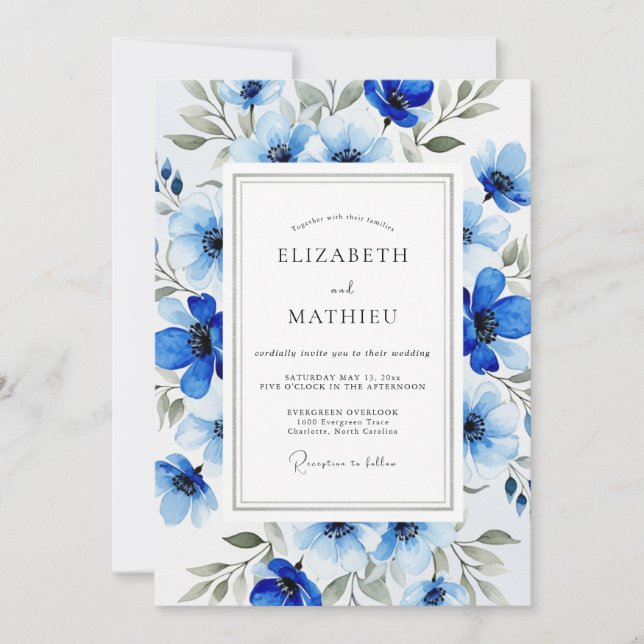 Convites Casamento Botânico Luxuriante Azul Real (Frente)