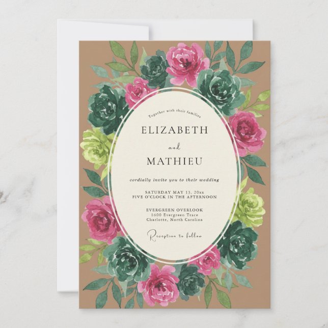 Convites Casamento Botânico Magenta Teal (Frente)
