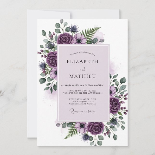 Convites Casamento Botânico Majestoso Roxo (Frente)
