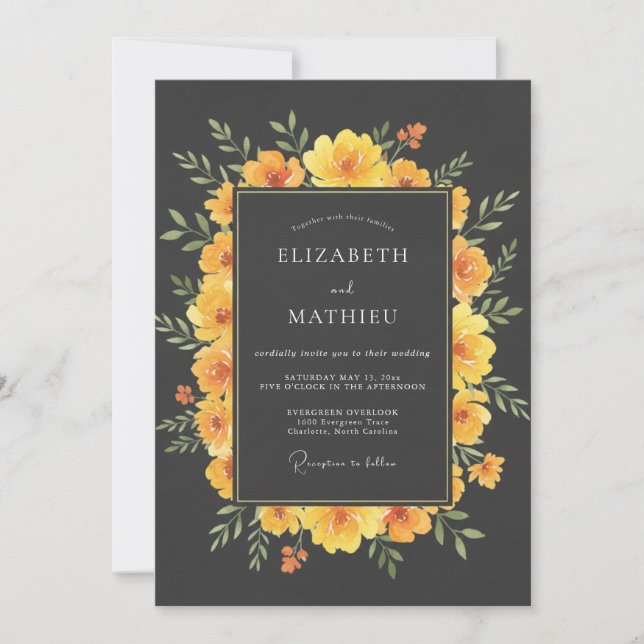 Convites Casamento Botânico Marigold Ousado (Frente)