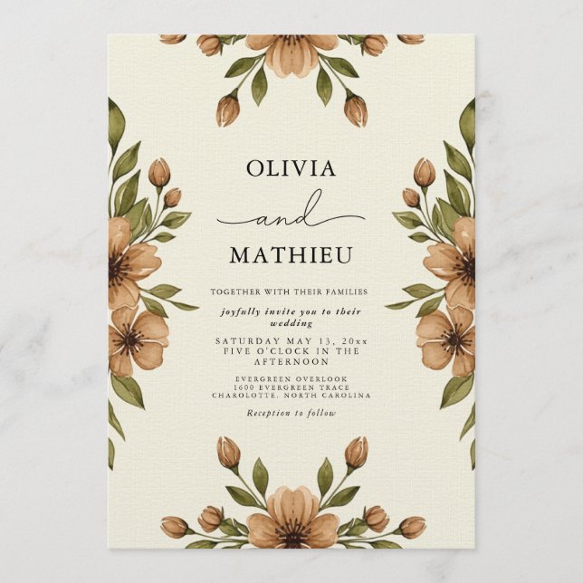 Convites Casamento Botânico Marrom Caprichoso (Frente)
