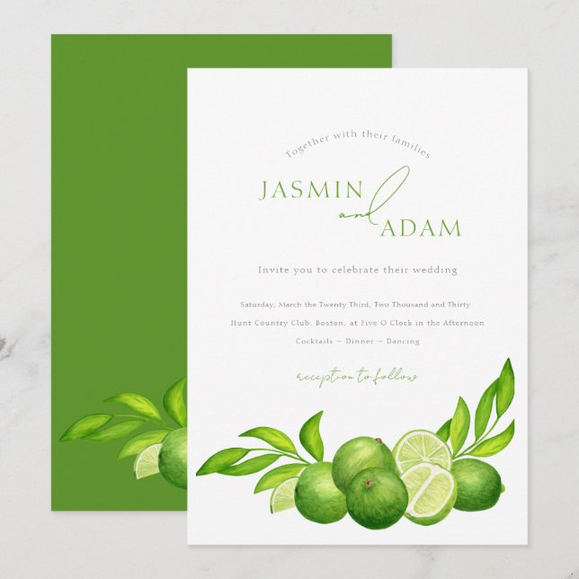 Convites Casamento Botânico Mediterrâneo de Lime Elegante (Frente/Verso)