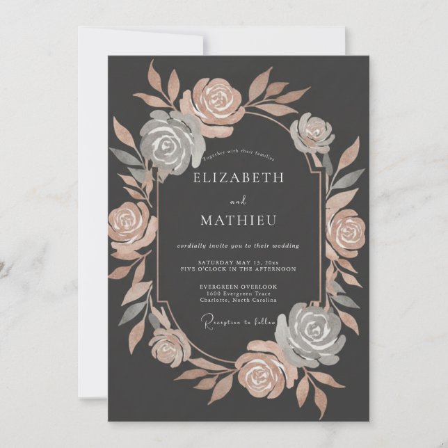 Convites Casamento Botânico Metálico em Rose Gold (Frente)