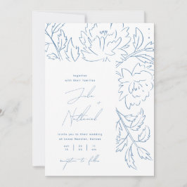 Convites Casamento Botânico Minimalista Azul Empoeirado