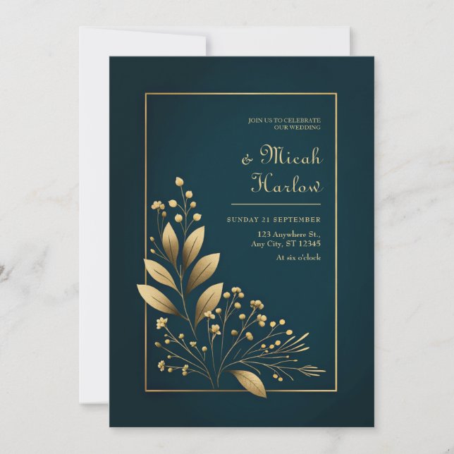 Convites Casamento Botânico Minimalista Azul Marinho e Dour (Frente)