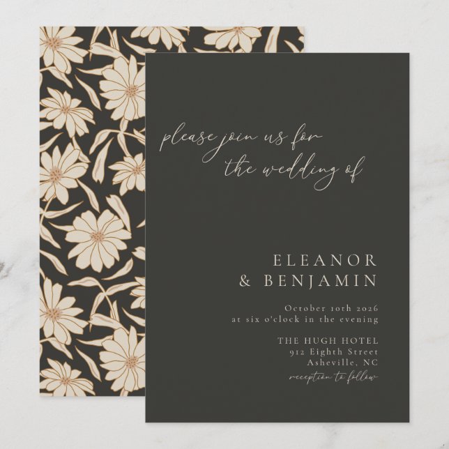 Convites Casamento Botânico Minimalista Boho Preto e Marfim (Frente/Verso)