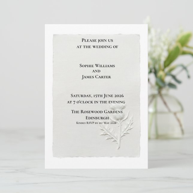 Convites Casamento Botânico Minimalista com Cardo Escocês (Em pé/Frente)