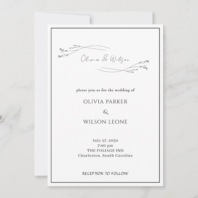 Convites Casamento Botânico Minimalista Elegante Branco (Frente)