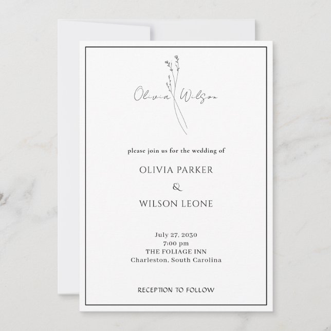 Convites Casamento Botânico Minimalista Elegante Branco (Frente)