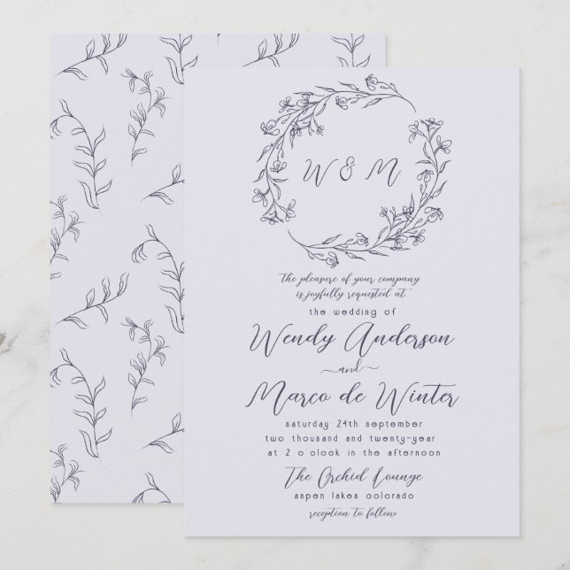 Convites Casamento Botânico Mínimo de Cinzas Cromáticas Chi (Frente/Verso)