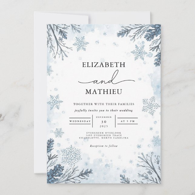 Convites Casamento Botânico Misty Blue Winter (Frente)