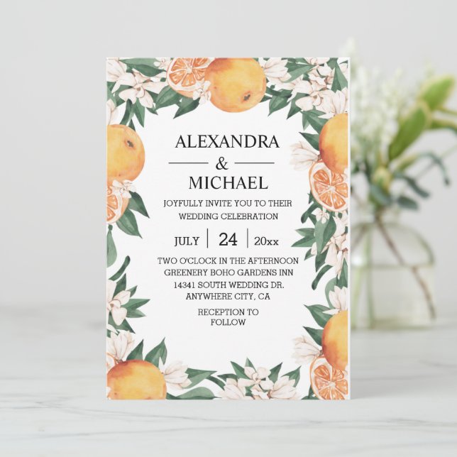 Convites Casamento Botânico Modern Watercolor Citrus Boho (Em pé/Frente)
