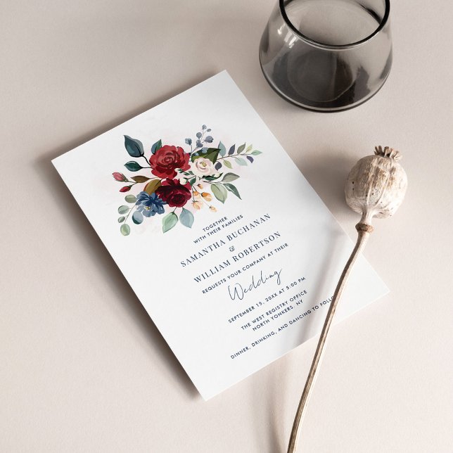 Convites Casamento Botânico Moderno da Borgonha (Elegant Script Floral Wedding Invitation)