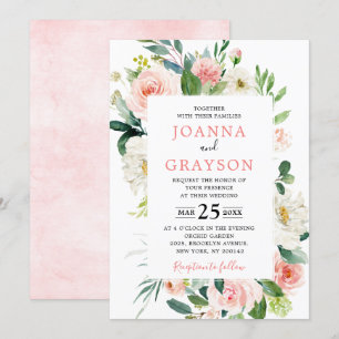 Convites Casamento Botânico Moderno de Florais Cor-de-Rosa