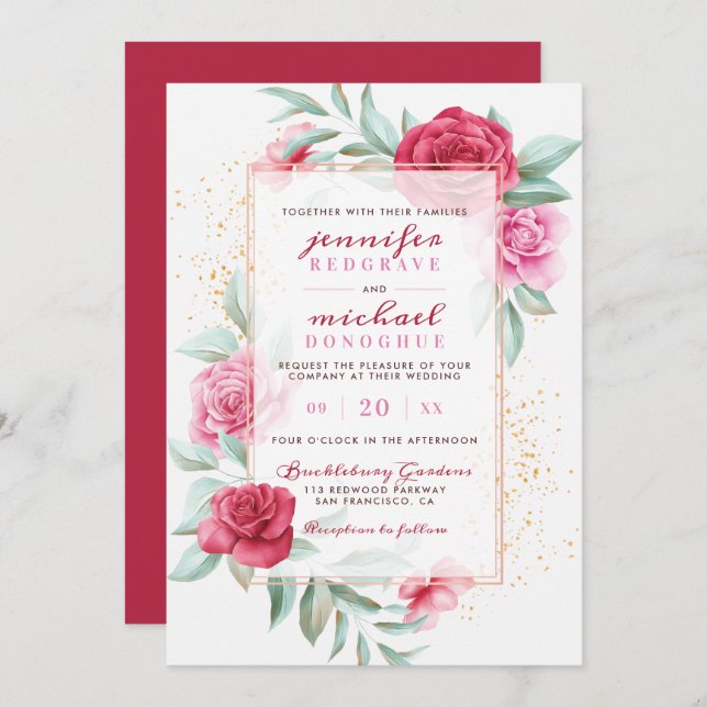 Convites Casamento Botânico Moderno de Sangue Quadrado Rosa (Frente/Verso)