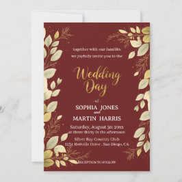 Convites Casamento Botânico Moderno Elegante em Burgundy e
