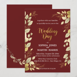 Convites Casamento Botânico Moderno Elegante em Burgundy e 