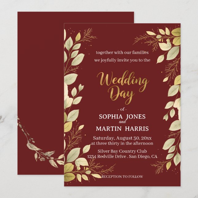 Convites Casamento Botânico Moderno Elegante em Burgundy e  (Frente/Verso)