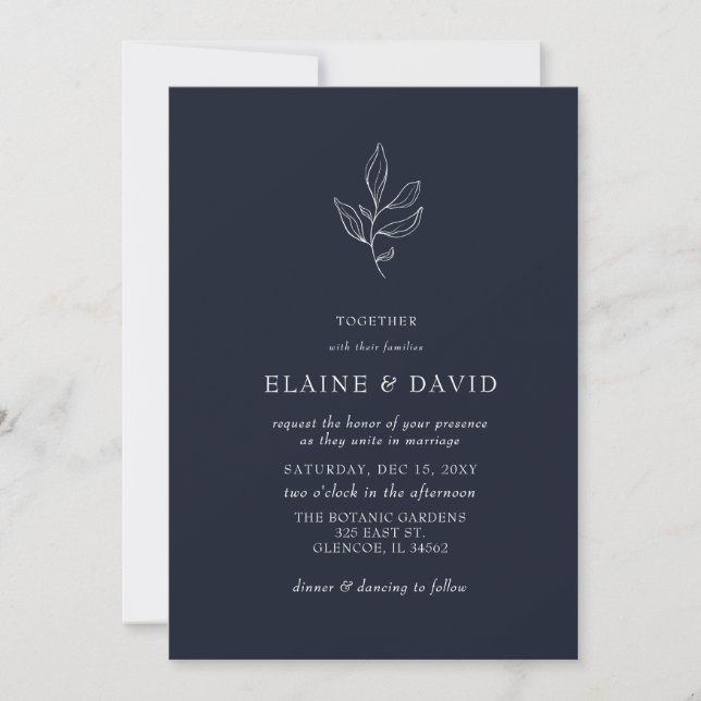 Convites Casamento Botânico Moderno Elegante Simples marinh (Frente)