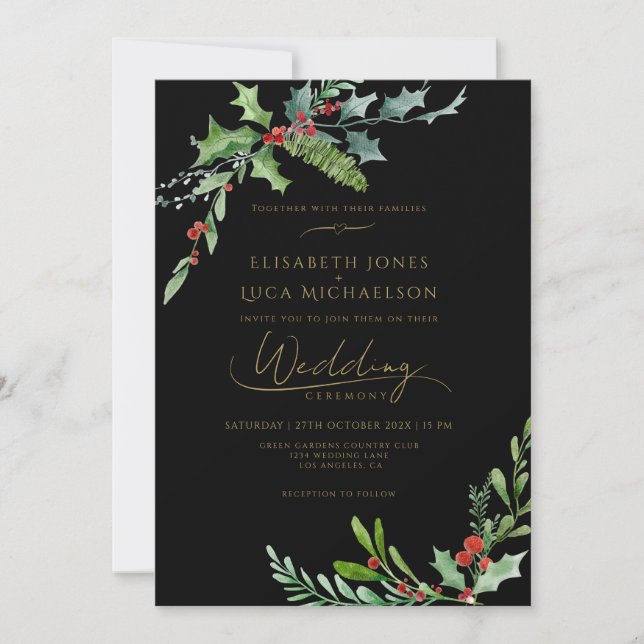 Convites Casamento Botânico Monograma Moody Dark Winter Ber (Frente)