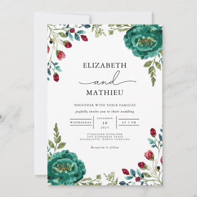 Convites Casamento Botânico Moody Teal Floral (Frente)
