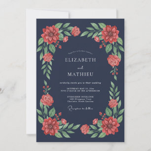 Convites Casamento Botânico Naval Azul Sombrio