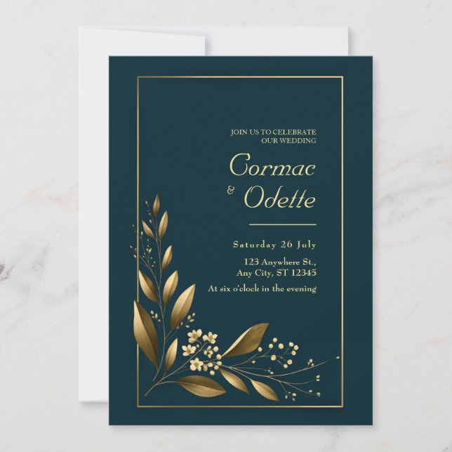 Convites Casamento Botânico Navy Gold Leaf (Frente)