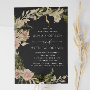 Convites Casamento Botânico Negro Elegante Floral Fern +