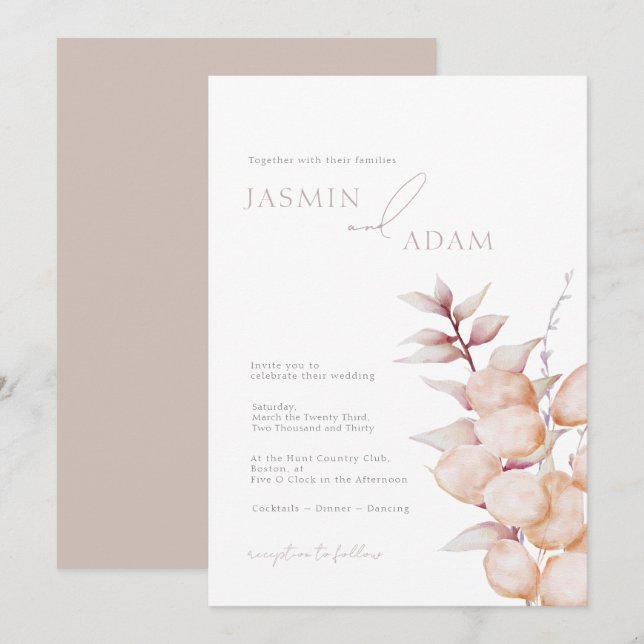 Convites Casamento Botânico Neutro Elegante (Frente/Verso)