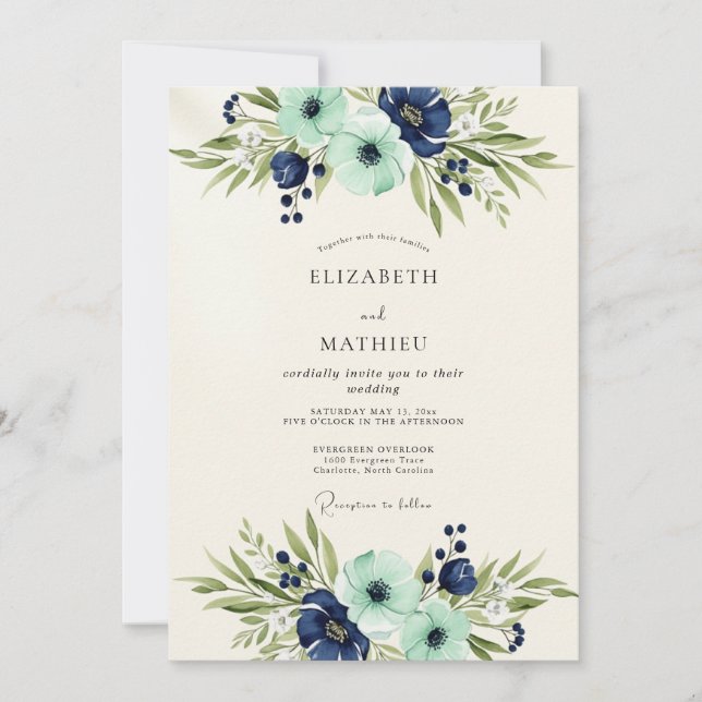 Convites Casamento Botânico Opulento em Azul-Marinho (Frente)