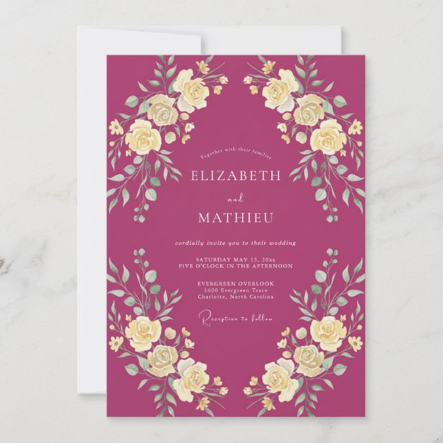 Convites Casamento Botânico Opulento Magenta (Frente)