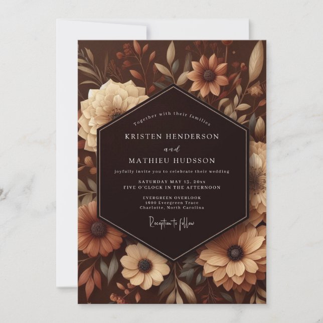 Convites Casamento Botânico Opulento Marrom (Frente)