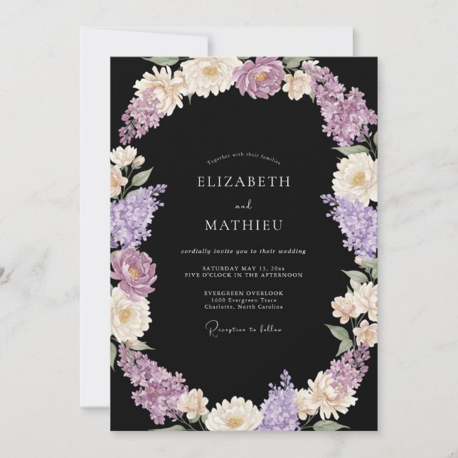 Convites Casamento Botânico Opulento Preto (Frente)