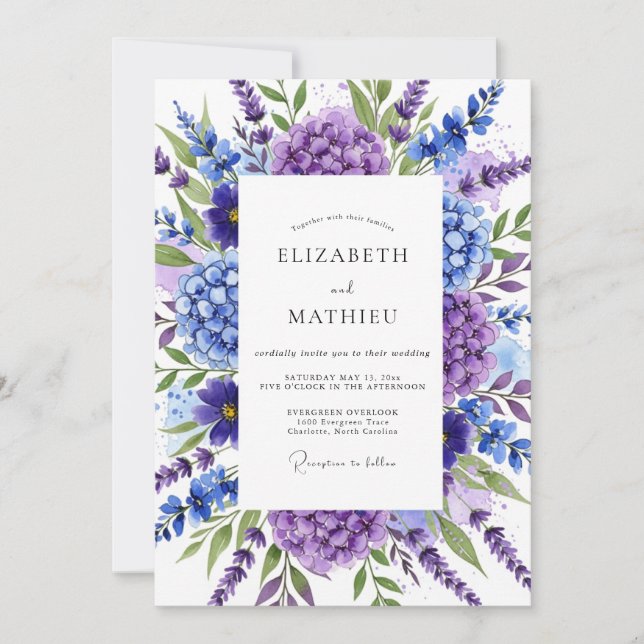 Convites Casamento Botânico Opulento Roxo (Frente)