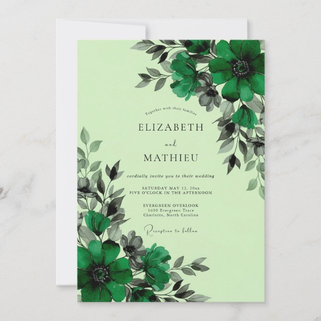 Convites Casamento Botânico Opulento Verde Esmeralda (Frente)