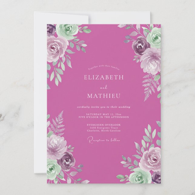 Convites Casamento Botânico Ornamentado em Fuchsia (Frente)