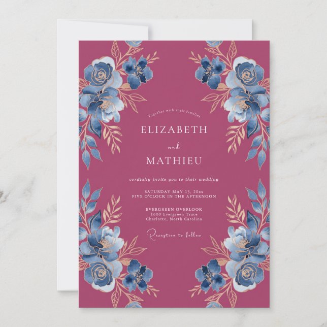 Convites Casamento Botânico Ornamentado Magenta (Frente)