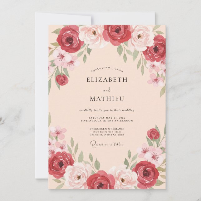 Convites Casamento Botânico Ornamentado Rosa Empoeirado (Frente)