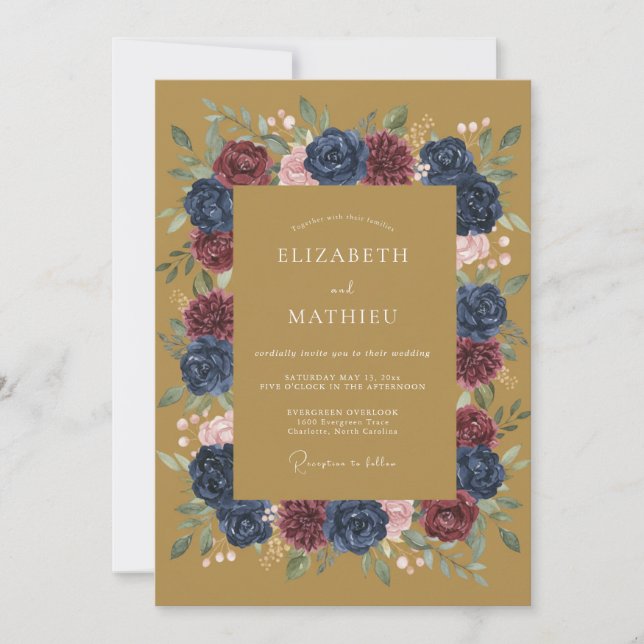 Convites Casamento Botânico Outonal Navy Rico (Frente)