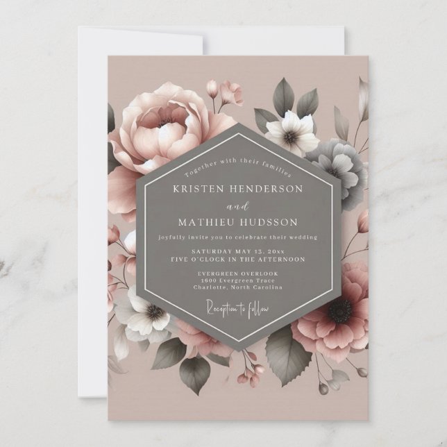 Convites Casamento Botânico Painterly Rosa Malva (Frente)