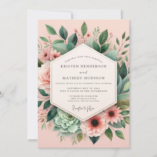 Convites Casamento Botânico Pink Bloom (Frente)