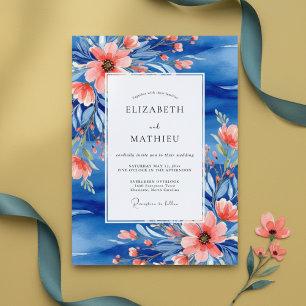 Convites Casamento Botânico Pintado Coral Azul