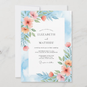 Convites Casamento Botânico Pintado em Azul Coral