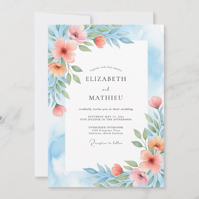 Convites Casamento Botânico Pintado em Azul Coral (Frente)
