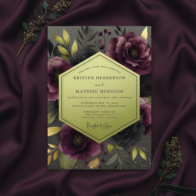 Convites Casamento Botânico Plum Moody (Criador carregado)