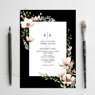 Convites Casamento Botânico Preto com Blush Floral Monogram