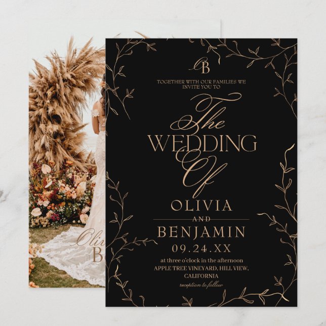 Convites Casamento Botânico Preto de Dinheiro Antigo (Frente/Verso)